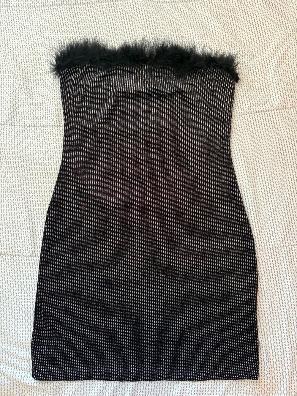 Strapless Black Rhinestone Feather-Trim Bodycon Dress